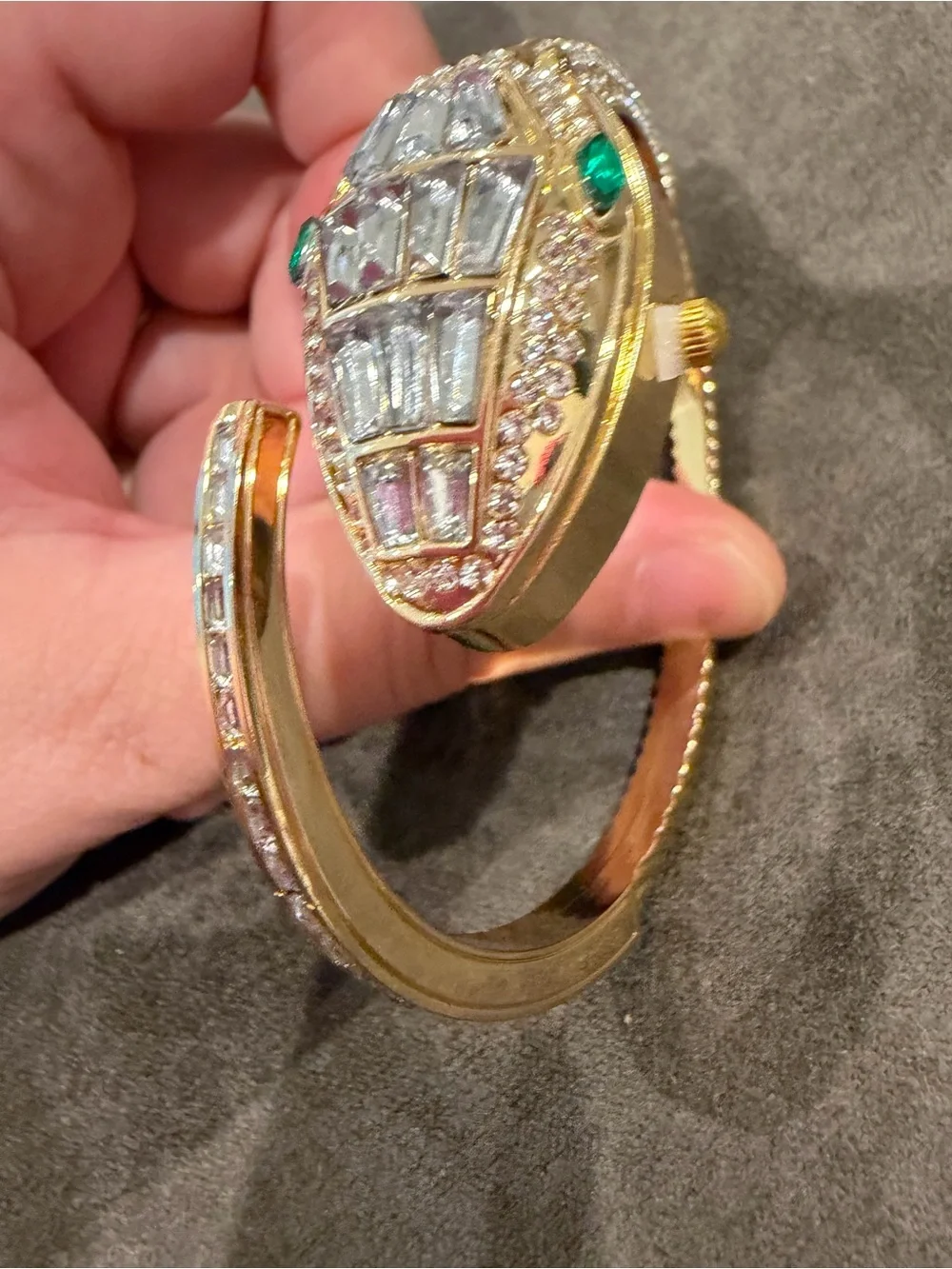 Gold Crystal Snake Cuff Bracelet with Green Accents